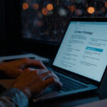 Professional content strategy and blog writing draft in a moody Delhi agency studio with rainy window background.