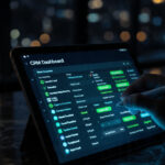 Professional managing leads on a digital CRM dashboard in a cinematic Delhi agency office at night.