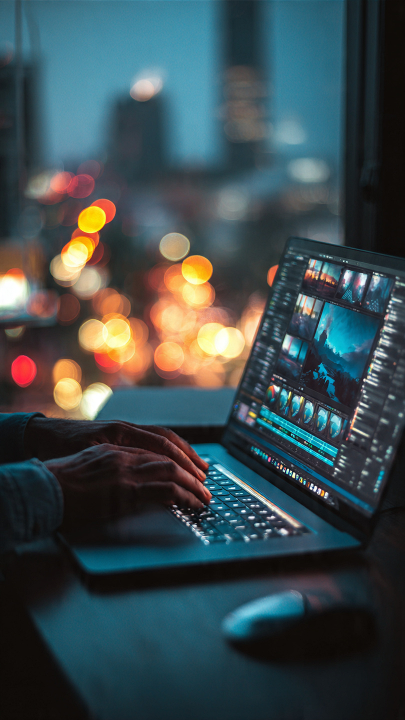 Professional web designer working on a laptop in a cinematic Delhi agency office at night.
