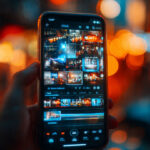 Cinematic close-up of a smartphone displaying a social media feed with vibrant city bokeh background in Delhi.