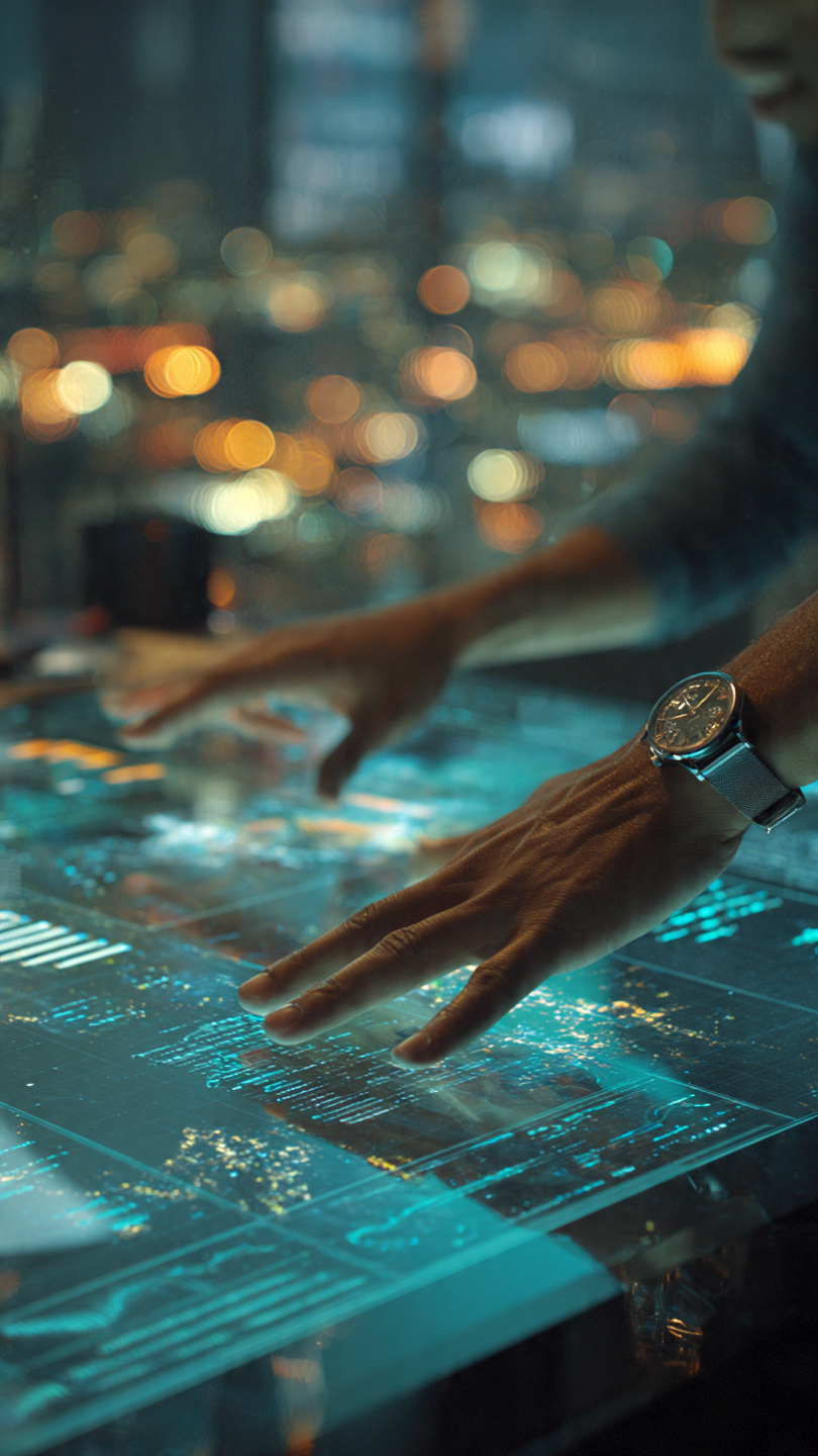 Cinematic medium close-up of collaborative digital marketing team on a interactive strategy desk at night in New Delhi