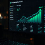 Professional Google Ads dashboard showing growth analytics in a cinematic agency office in Delhi.