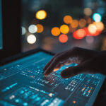 Detailed web design wireframe on a high-tech monitor in a cinematic Delhi agency studio at night.