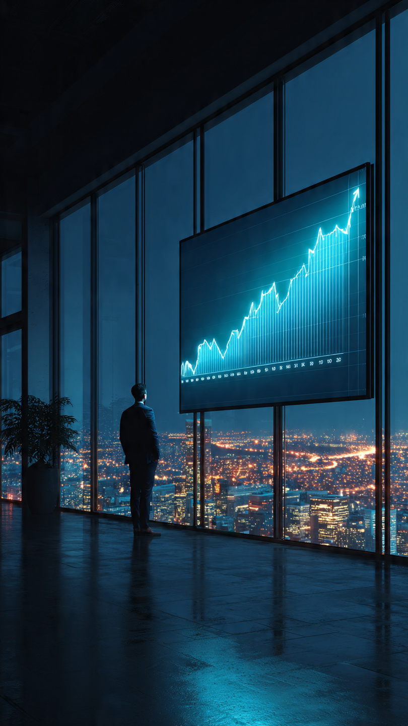 Cinematic wide shot of a growth strategy session in a digital agency overlooking the New Delhi skyline at night with business analytics on a large screen.
