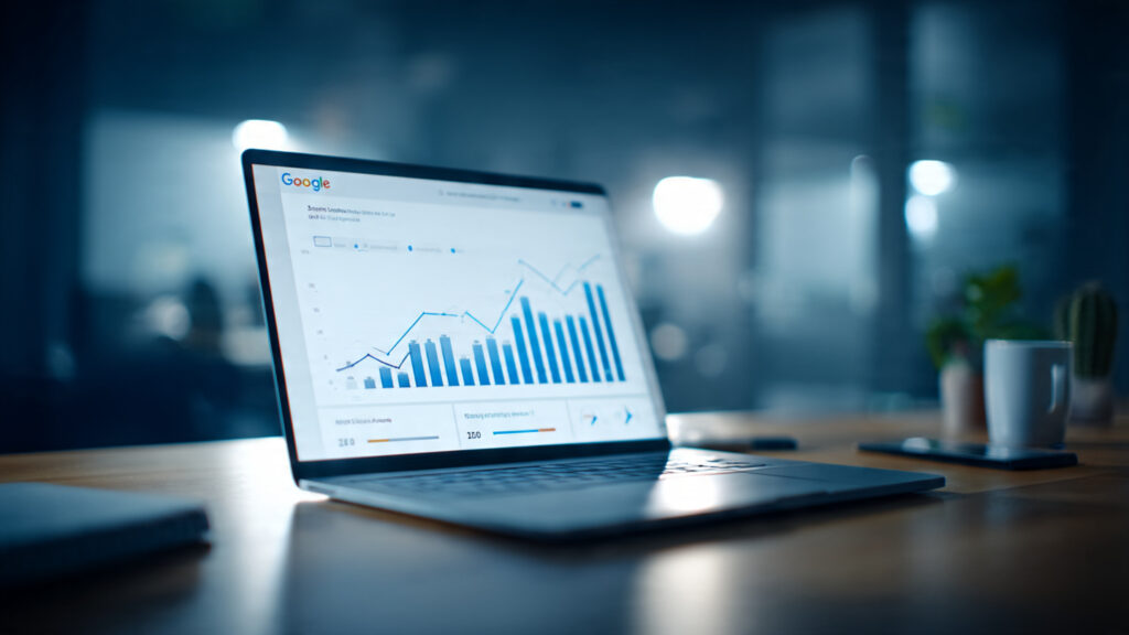 This image represents search engine optimization (SEO) with a laptop displaying Google analytics and ranking graphs. It highlights how businesses can use SEO strategies, keyword optimization, and data analysis to improve their search engine rankings and attract more organic traffic.