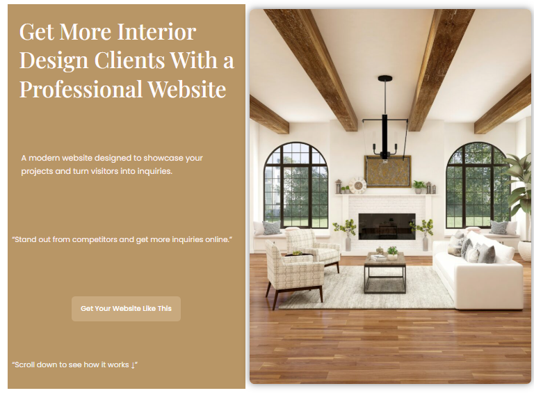Hero section of a digital marketing website featuring a luxury interior design landing page mockup and a call-to-action button to get a professional website.