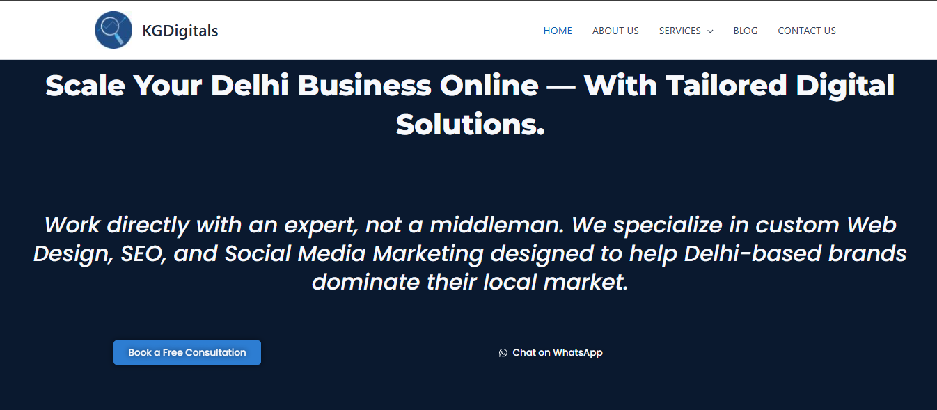 KG Digitals hero section featuring the headline 'Scale Your Delhi Business Online' and services like Web Design, SEO, and Social Media Marketing