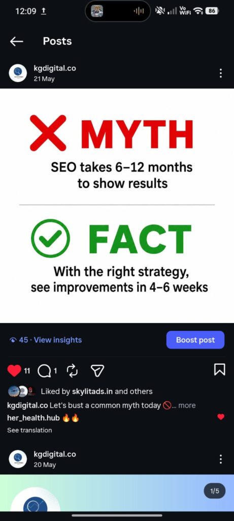 KGDigitals social media graphic showing an SEO myth that it takes 6-12 months versus the fact that the right strategy brings improvements in 4-6 weeks.