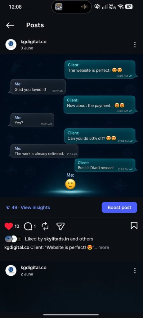 A humorous WhatsApp chat mockup between a digital agency and a client who loves the completed website but attempts to negotiate a 50% discount for the festival season.