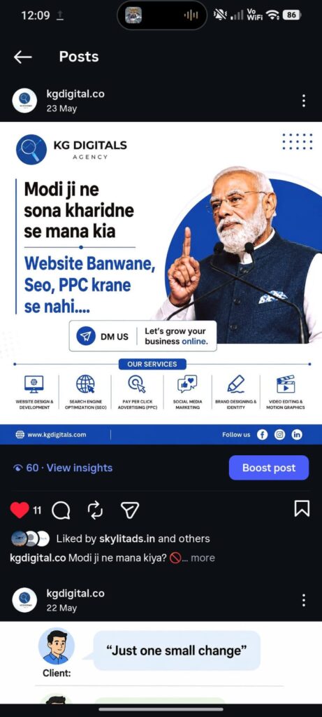 KGDigitals Agency social media post featuring professional branding, service icons for web design, SEO, PPC, social media marketing, and a promotional message to grow your business online.